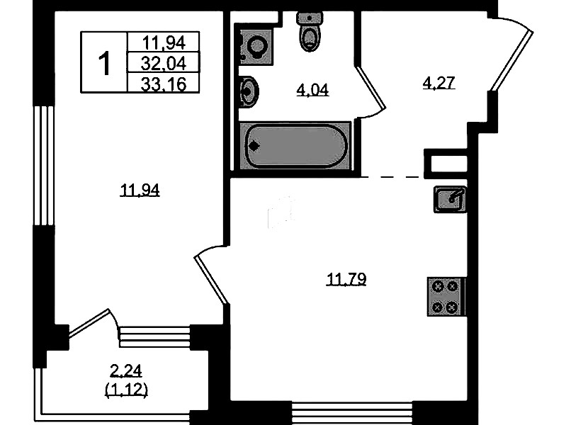 1-комнатная квартира 33.16 м², 5/12 эт., ЖК «GloraX Новоселье»